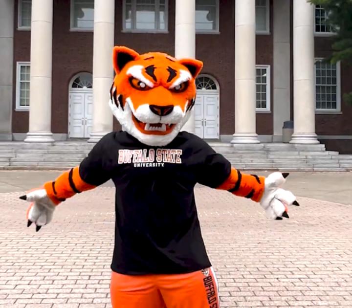 Benji the Bengal in front of Rockwell Hall